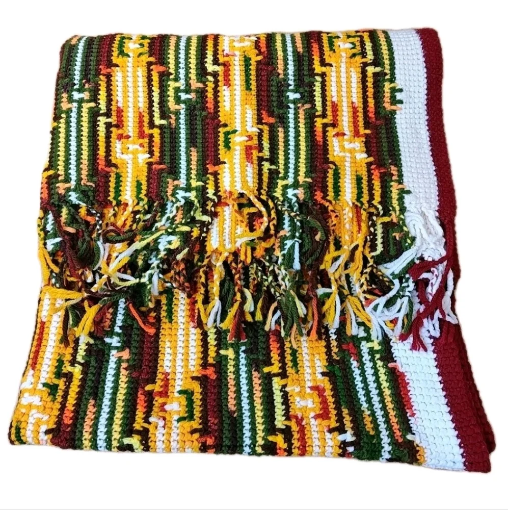 Retro 70s Fringed Crochet Blanket Scarf Wrap Shawl Handmade Lap Throw Fall 36/72